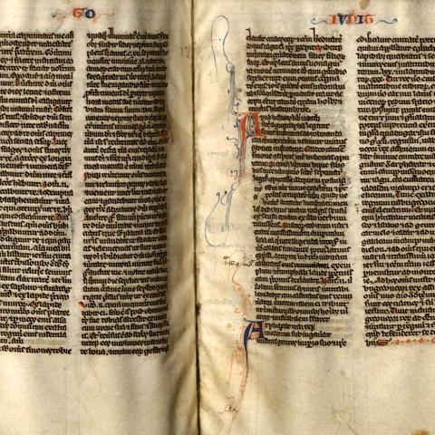 First page of the book of "Judit," or Judith, in a manuscript Bible written in Latin that dates from approximately 1260