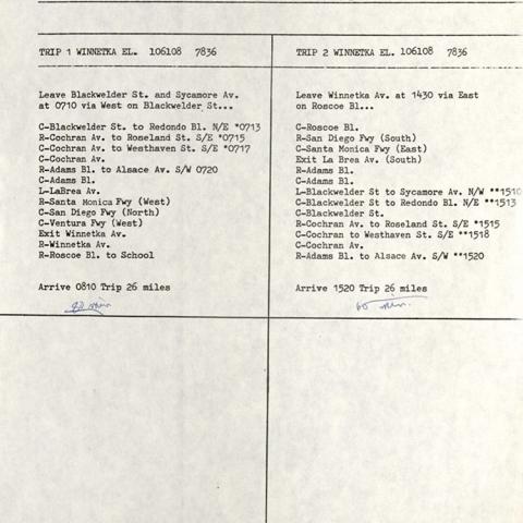 A bus stop route sheet for Winnetka Elementary School