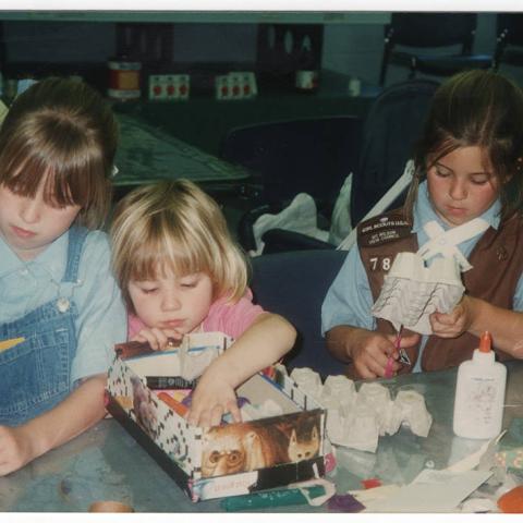 From about 1995, Megan, Abby, and Charlotte are busy making recycled art.