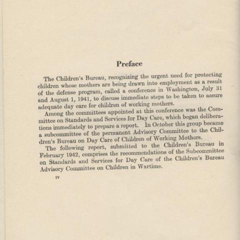 Preface to the United States Department of Labor’s Standards for Day Care of Children of Working Mothers, 1942. California Association for the Education of Young Children Collection.