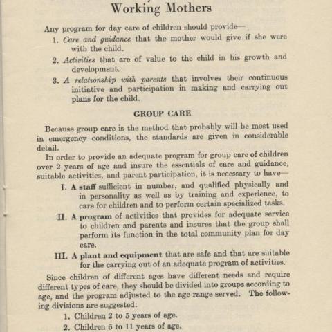 First page of the United States Department of Labor’s Standards for Day Care of Children of Working Mothers, 1942