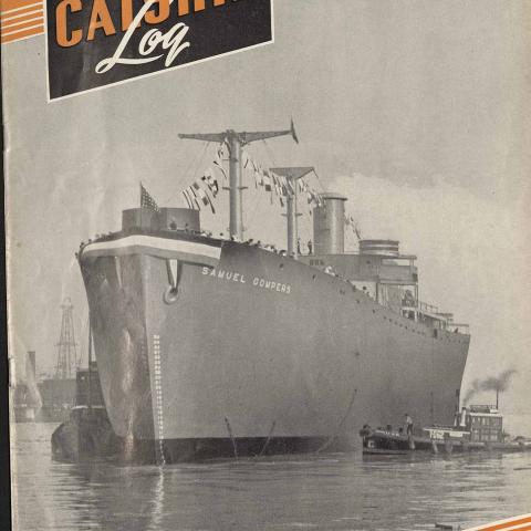 Cover, Calship Log, featuring the SS Samuel Gompers, launched September 7, 1942.