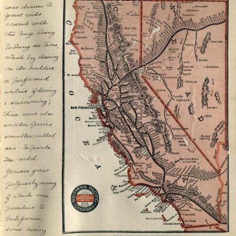 Journal page with a map of Southern Pacific train routes