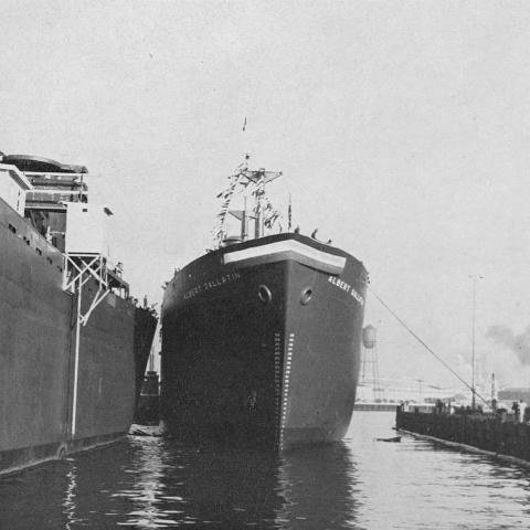 The SS Albert Gallatin just after hitting the water on launch day, February 12, 1942
