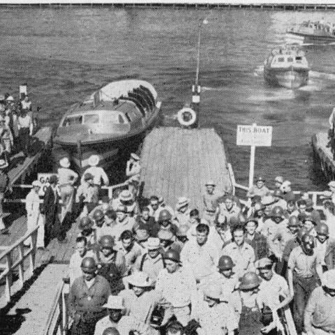 Water taxis unloading workers at Terminal Island for a shift change