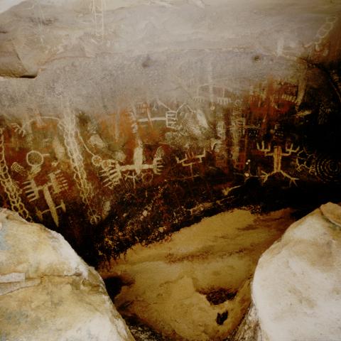 Pictographs located in the Burro Flats area, which date to 500 AD