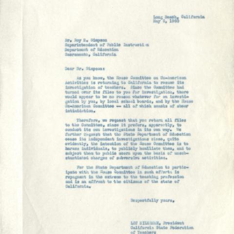 A 1960 letter to the superintendent of public instruction regarding HUAC