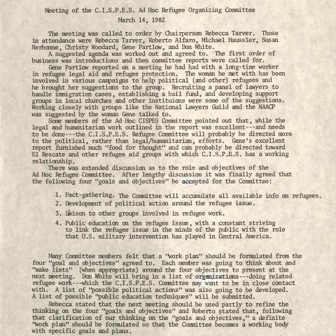Minutes from meeting of the C.I.S.P.E.S. Ad Hoc Refugee Organizing Committee, March 14, 1982