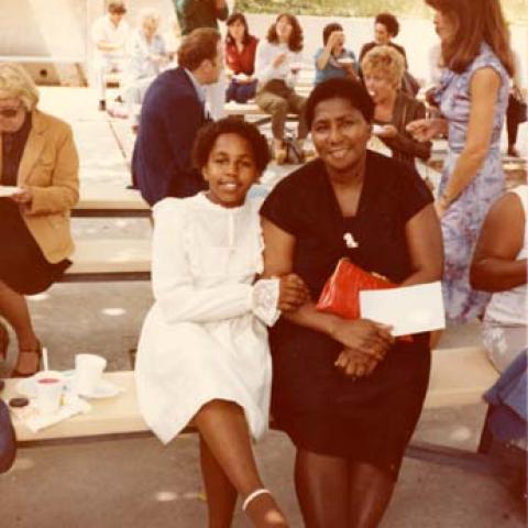 Mrs. Claudia Johnson with her daughter Tara at Vaughn Street School (now Vaughn Next Century Learning Center), 1973
