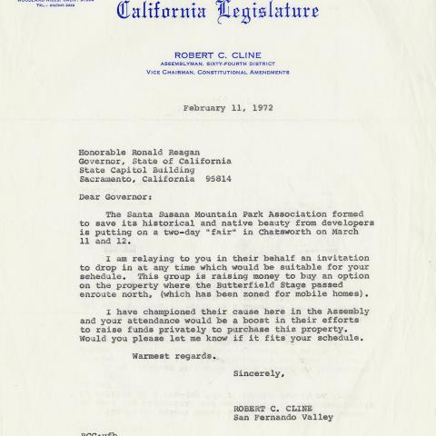 Letter to Governor Ronald Reagan from Assemblyman Robert C. Cline, February 11, 1972