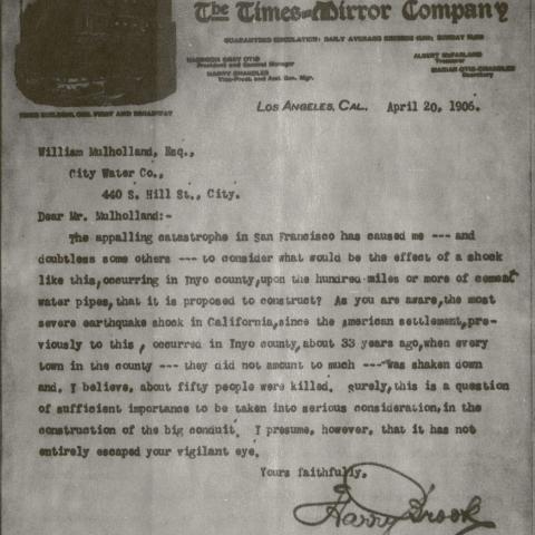 Letter to William Mulholland from Harry Brook about earthquake safety