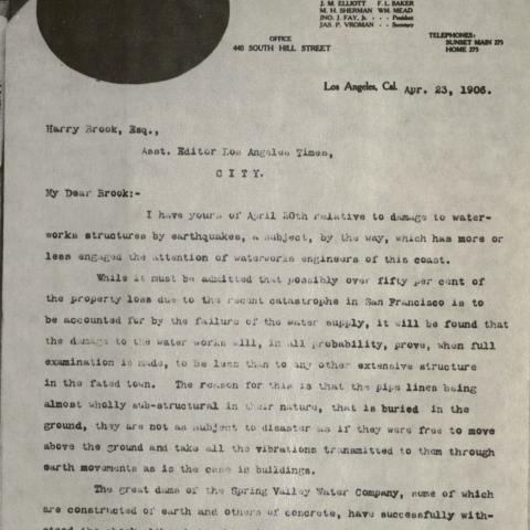 Letter to Harry Brook regarding the Aqueduct and earthquake safety