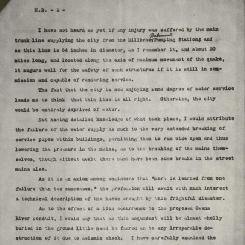 Letter to Harry Brook regarding the Aqueduct and earthquake safety