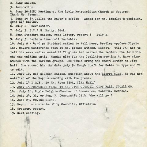 Coalition Against the Pipeline agenda, July 13, 1987