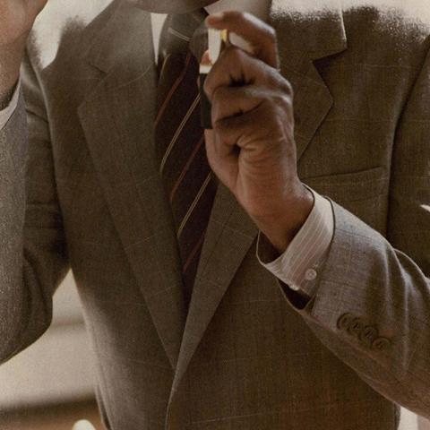 Model displays a successful combination of two striped patterns of different size, in Playboy Fashion, vol. 3-4, 1982-83