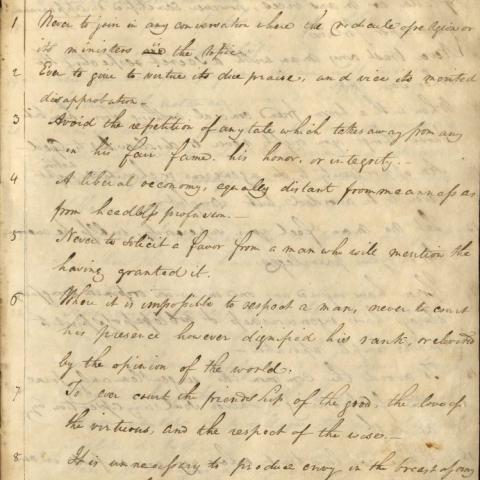 The first page of Dr. Osborne’s notes on personal conduct, containing eight listed items, 1809