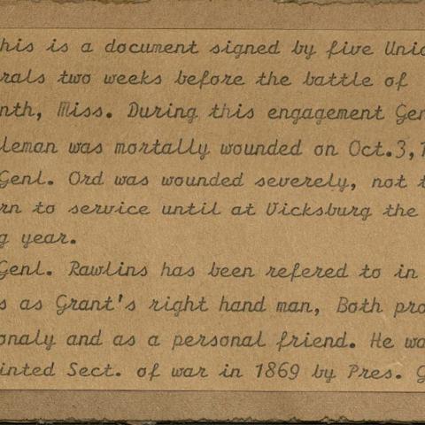 Mounted text describing official correspondence of the Union Army and the Battle at Corinth