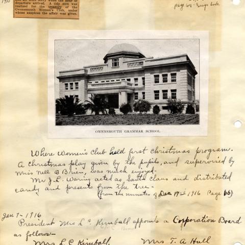 The Owensmouth Women's Club held their first Christmas Party at the Owensmouth Grammar School on December 17, 1915