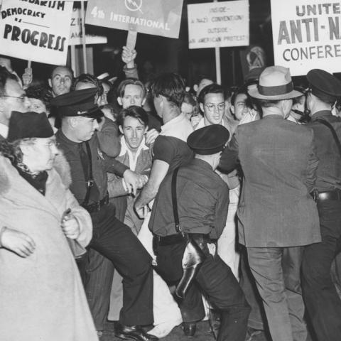Rally of the United Anti-Nazi Conference outside the Los Angeles headquarters of the German American Bund, ca. 1936