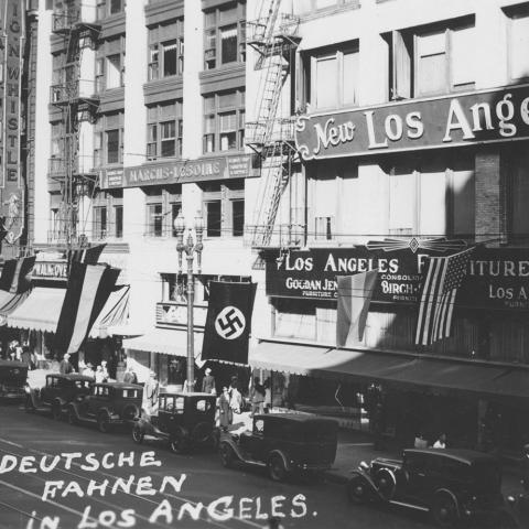 Deutsche Fahnen, German Flags, on Broadway Street in Los Angeles, April, 1936