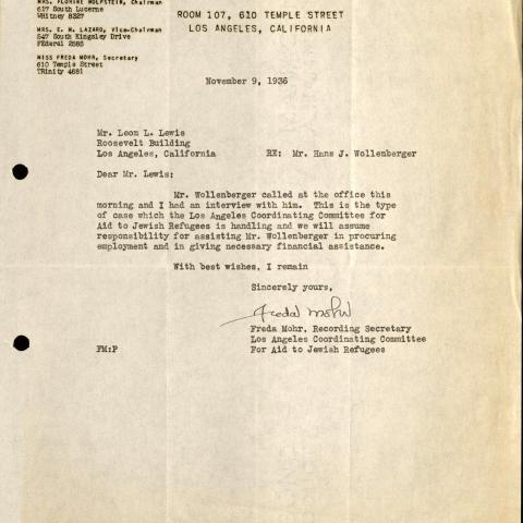Letter from Freda Mohr, Recording Secretary of the Los Angeles Coordinating Committee for Aid to Jewish Refugees 