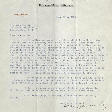 Correspondence from Carl Laemmle to Leon Lewis regarding issuing an affidavit for German-Jewish film director Max Ludwig Berges, December 20, 1935