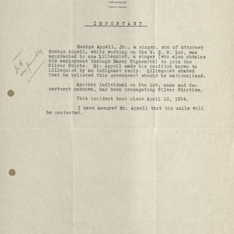 Incident report from Louis Greenbaum regarding George Appell, Jr. being approached to join the Silver Shirts, an underground American fascist organization, on the M.G.M. lot on April 12, 1934