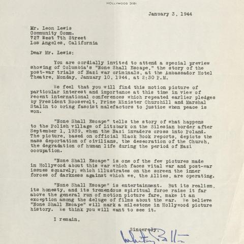 Screening invitation to Columbia Pictures Corporation's film "None Shall Escape," January 3, 1944