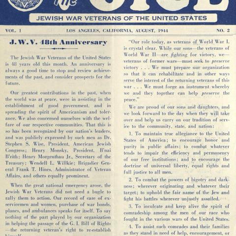 The Voice: Jewish War Veterans of the United States, Hancock Park Post No. 228, volume 1, number 2, August 1944