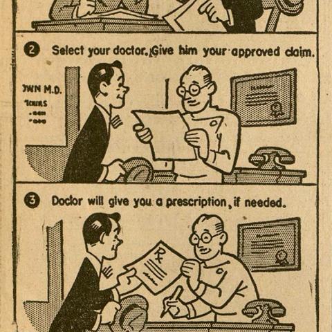 Instructional comic from "The California Veteran" volume 19, number 2, April 1947