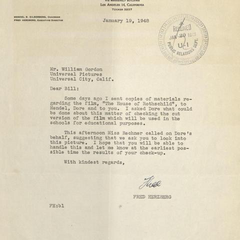 Community Relations Committee correspondence from Fred Herzberg to William Gordon at Universal Pictures related to obtaining review materials for the short film "The House of Rothschild," January 19, 1948