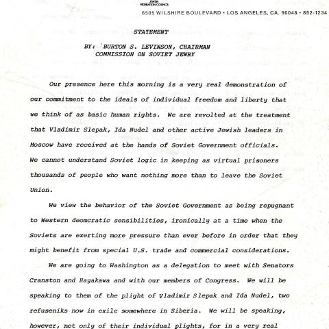 Burton S. Levinson, Commission on Soviet Jewry Chairman Statement, June 28, 1978