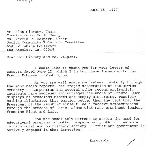 Letter from French Consulate General to the Commission on World Jewry, June 18, 1990
