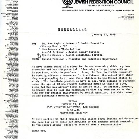 Iranian Jewish Community Memorandum, January 12, 1979