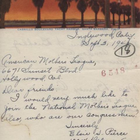 Letter to the American Mother’s League requesting to join, 1940