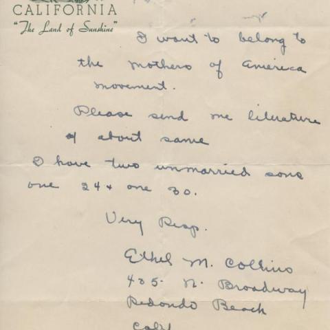 Letter to the American Mother’s League requesting literature and to join the Mothers of America movement