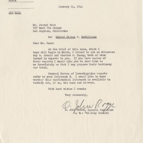 Correspondence to Joseph Roos from John Rogge regarding informants as potential witnesses, January 24, 1944