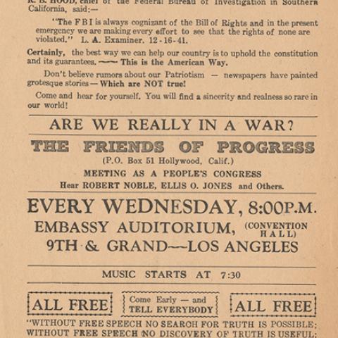 Handbill advertising the weekly meetings of the Friends of Progress, 1941