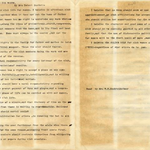 Creed for Club Life for Women, written by Mrs. Robert Burdette and read by Mrs. W. E. Bechtelheimer at a meeting of the Women's Club of Owensmouth, May 1918
