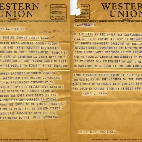 Telegram from Harry J. Hahn to Carl Dentzel