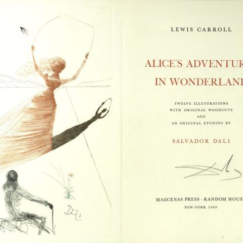 Cover page of Alice’s Adventures in Wonderland by Lewis Carroll with abstract Dalí illustration of a woman playing and a man sitting