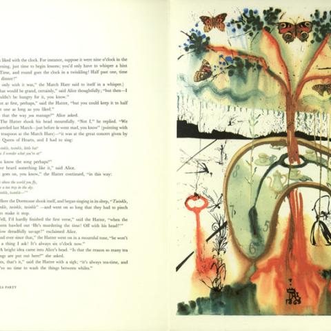 Abstract Dalí illustration of the mad tea party with clock melting over tree trunk with butterflies