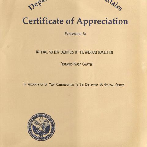 Department of Veterans Affairs Certificate of Appreciation to National Society DAR Fernanda Maria Chapter, ca. 1990