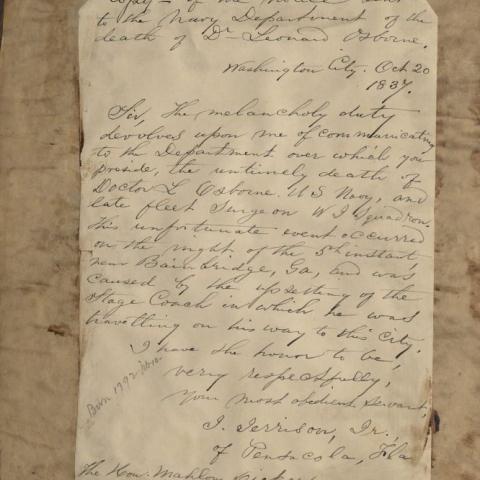 Notice from the Navy Department of the death of Dr. Leonard Osborne, October 20th, 1834