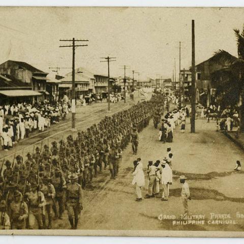 Postcard with an image of the Grand military parade in a 1910 Philippine Carnival, Donald Hiram Stilwell Photograph Collection, DHS_01-01_01_001