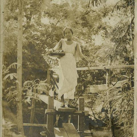 Photograph of an unidentified woman standing on a bridge, ca. 1910. Donald Hiram Stilwell Photograph Collection