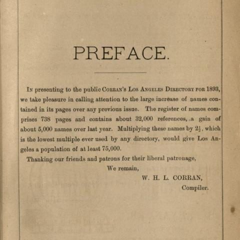 Corran's Los Angeles Directory, preface, 1893