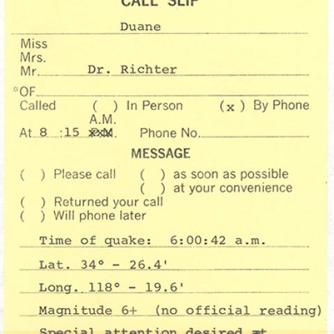 Call slip for Georgeson alerting him that an earthquake has occurred