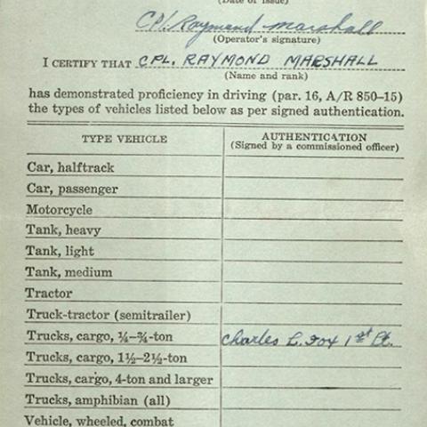 Raymond Marshall's driving proficiency card, December 21, 1944
