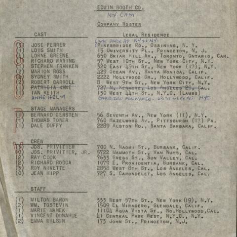 Company roster for Edwin Booth, 1958